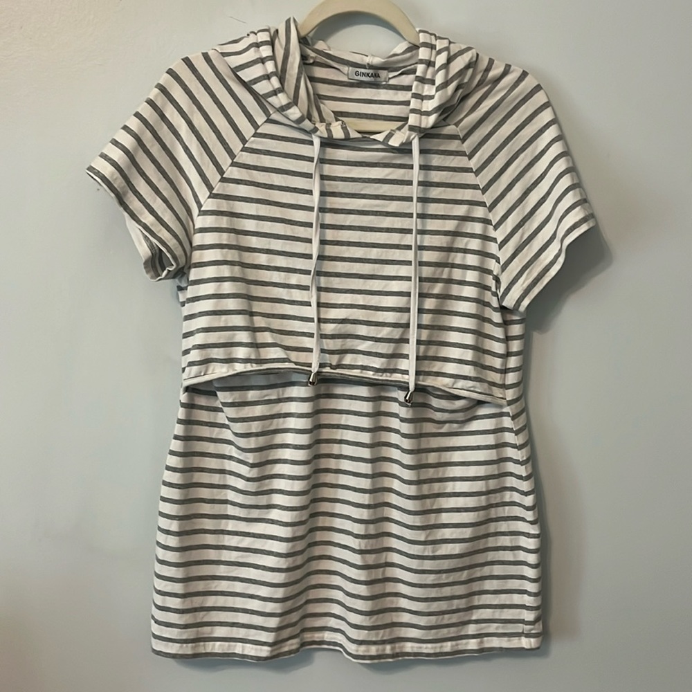 GINKANA Women's Nursing Hoodie Grey White Stripe Short Sleeve Sweatshirt Sz L